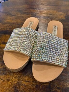 Steve Madden Nude Slide Sandals with Iridescent Crystal Straps